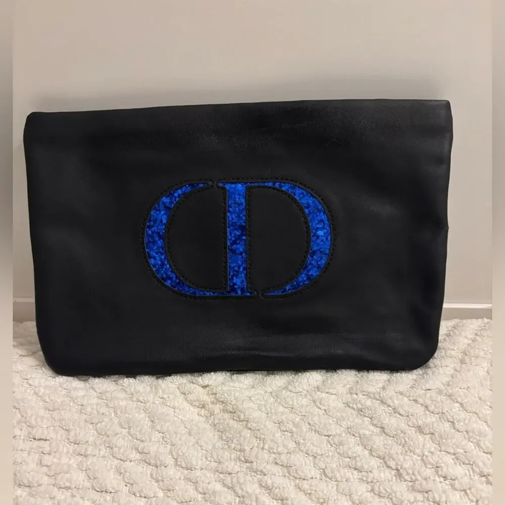 CHRISTIAN DIOR BLUE GLITTER BLACK ZIP MAKEUP COSMETIC POUCH CLUTCH BAG SM